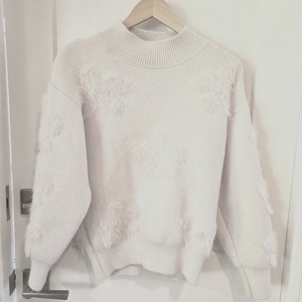 On Blue Cream Pearl Embellished Eyelash Knit Mock Neck Sweater Cozy Feminine XL